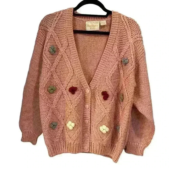Huntington Ridge‎ Cardigan Hand Knit Pink Cable Knit Baubles Size Medium Vintage - Picture 1 of 8